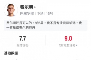 费尔明本场数据：传射立功+1要害传球2解围3抢断，，，评分7.7_24直播网