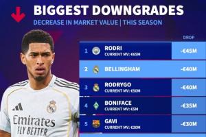 本赛季身价下跌TOP10：罗德里、贝林前二，，，，，维尔茨、萨卡降3000万_24直播网