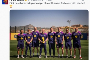 3月联赛3战全胜！弗里克与教练团队领取西甲官方3月最佳教练奖_24直播网